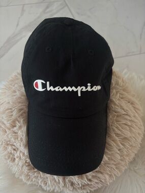 Champion Black Baseball Cap with White Script and Red Accent logo  EUC